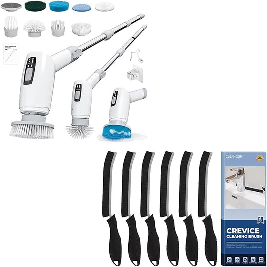 Electric Spin Scrubber and Crevice Cleaning Brushes Kit - Cordless Power Scrubber with 9 Brush Heads, 3 Speeds, Extension Handle & Tight Space Scrubber for Shower, Bathtub, Tile, Kitchen, Window Track