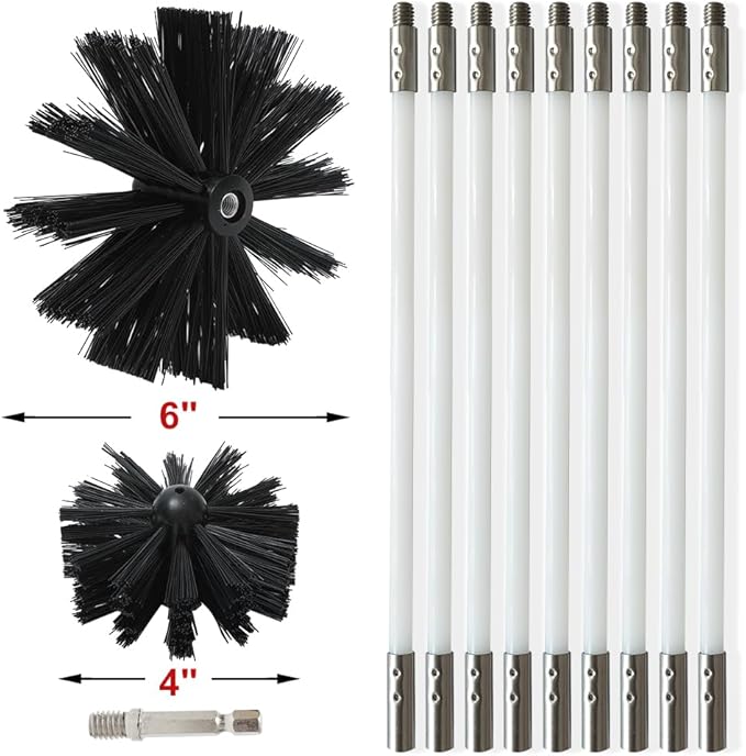 Particle Furnace Cleaning Brush, 4"/6" Brush ,Chimney Brush,Dryer Vent Cleaner Kit,Flexible Rods (22PcsRods+1Pcs 4"+1Pcs 6" Brush)