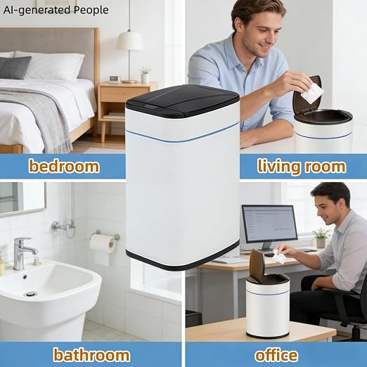 Garbage Can with Lid, Intelligent Sensor Opening and Closing, Small Garbage Can for Living Room, Bedroom, Kitchen and Bathroom (1, Square Black)