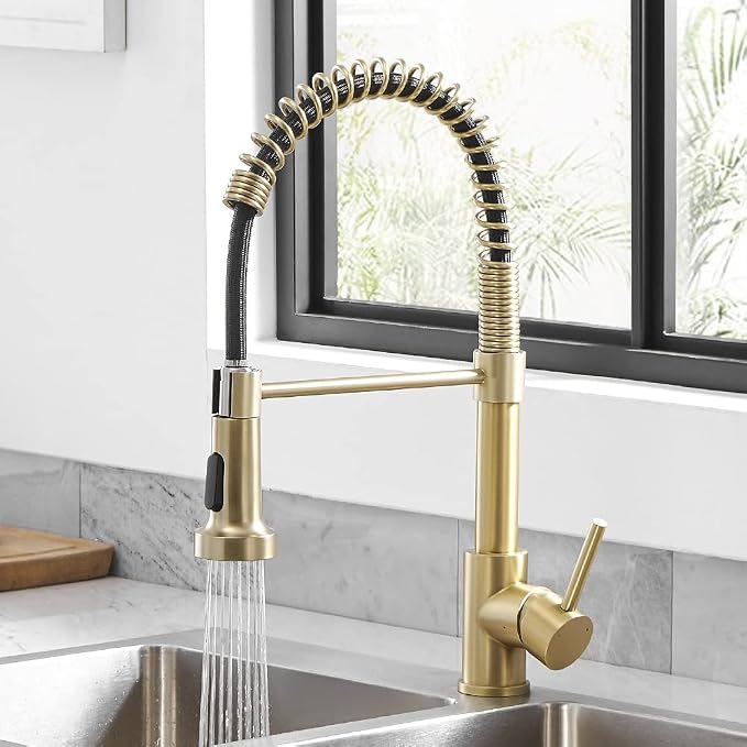 Kitchen Faucets with Pull Down Sprayer 304 Stainless Steel Industrial Single Handle One Hole Faucet for Farmhouse Camper Laundry Utility Rv Wet Bar Sinks Gold 9009K