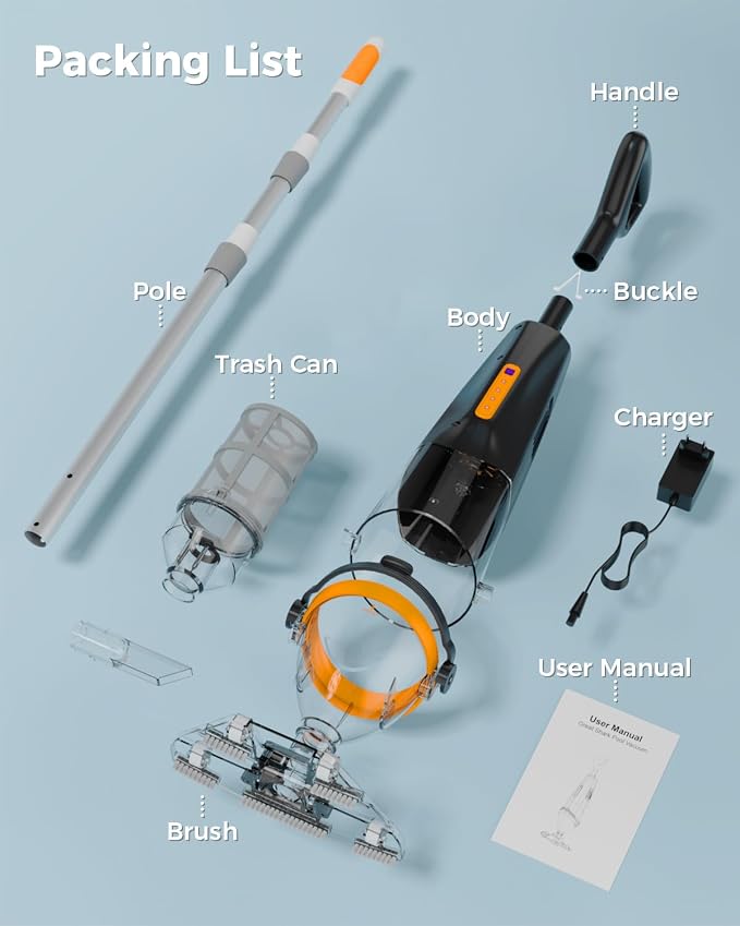 Great Shark Cordless Pool Vacuum with Remote Power Switch, 1.8m Telescopic Pole, 75 Min Runtime, 18 GPM Suction, Handheld Pool Vacuum for Above Ground & Inground Pools, Spa & Hot Tub