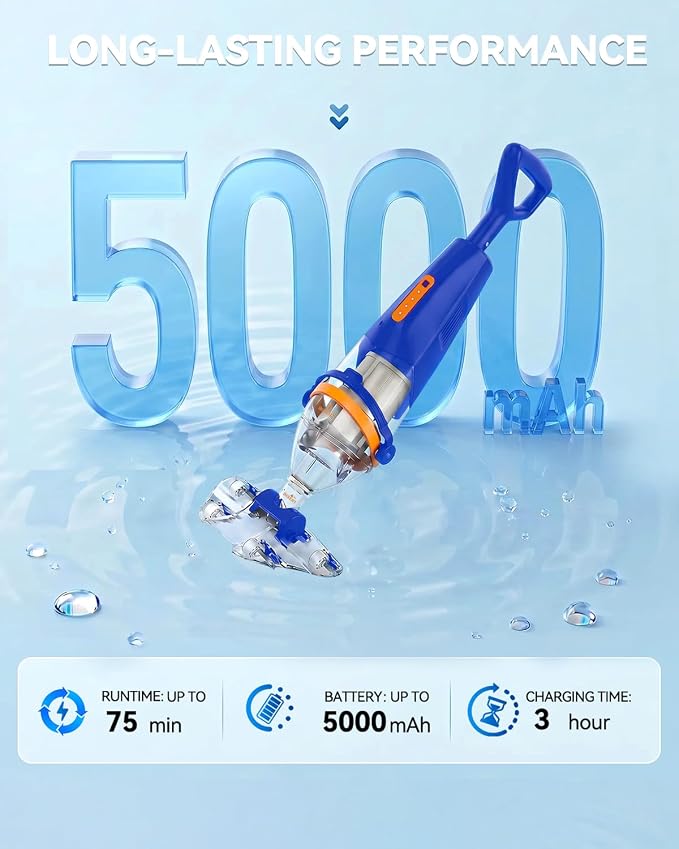 Pool Vacuum for Above Ground & Inground Pools, Handheld Pool Vacuum Cleaner with Wireless Remote, Dual Cleaning Heads, 69.3" Telescopic Pole, 18.5 GPM Suction, 75 Min Runtime for Spa & Hot Tub, Blue