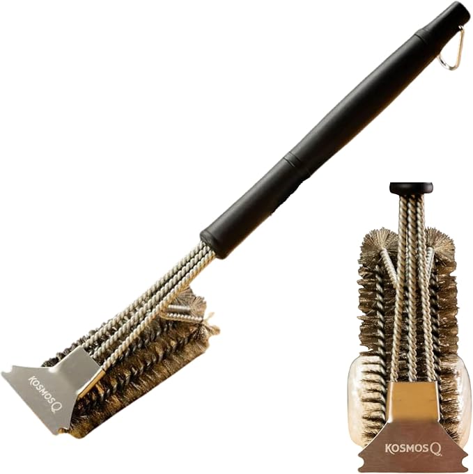Kosmos Q Grill Brush with Scraper, for Him, Heavy Duty BBQ Grill Cleaning Brush for Gas, Charcoal, Pellet & Smoker Grills, Grill Grate Cleaner Tool for Cooking & Barbecue Accessories