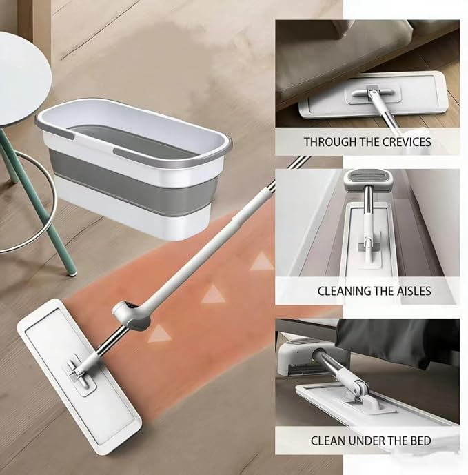 Large Flat Mop and Scalable Bucket with Wheels, 360 Rotating Microfiber Dust Mop with Dewatering Scraper, 54" Adjustable Stainless Steel (1 Mop + 6 Microfiber Pads + 1 Bucket)
