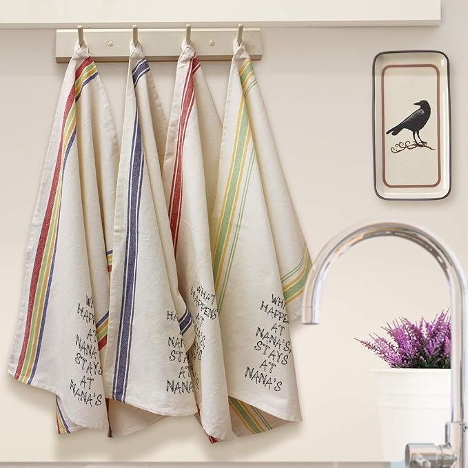 Custom Decor Kitchen Towels What Happens at Nana's Stays Grandma A Funny & Novelty Humor Cleaning Supplies Dish Towels Red Stripe Design Only