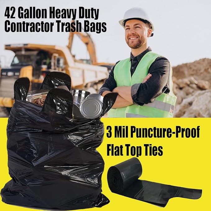 BEIDOU-PAC Contractor Heavy Duty Trash Bags 42 Gallon | 10 Count | 3 MIL | 32.8" X 46" | Large Black Flap Tie Construction Garbage Bags for Business Home Commercial, Industrial, Storage, Outdoor