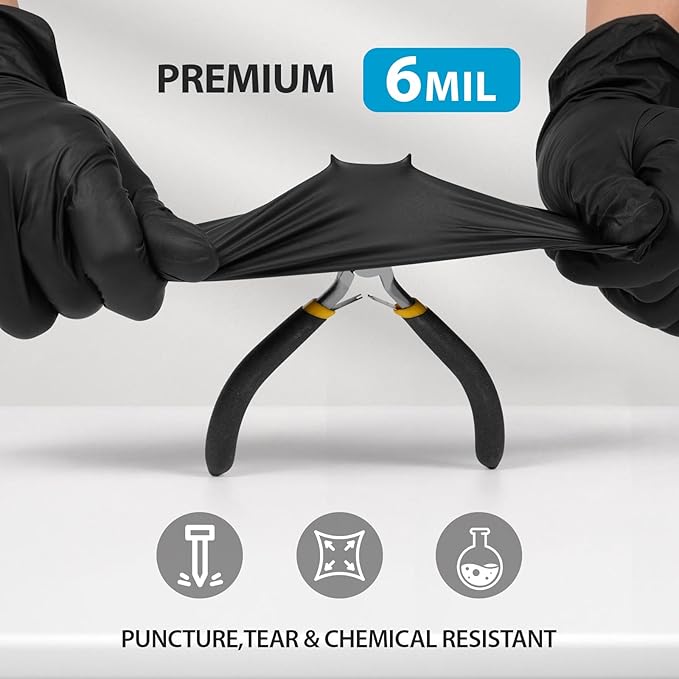 Black 6 Mil Nitrile Gloves HEAVY DUTY Disposable Chemical Resistant Latex & Powder Free,Food, Mechanic,Cleaning Gloves