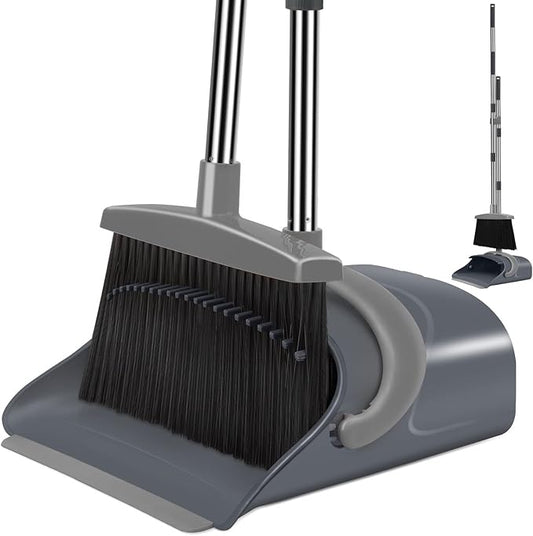 Ivandar Broom and Dustpan Set, Dust pan with Long Handle, Broom with Dustpan Combo Set, Broom and Dustpan for Home, Indoor or Outdoor Cleaning Tool (Deep Gray&Light Gray)