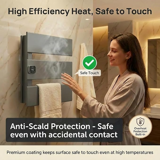 L Series Electric Towel Warmer for Bathroom, 3 Panel, Gun Gray | Thermo Control and Timer, Fast Heat in 3 Mins, Dry Towels in 4 hrs, Memory Function, Work with Smart Plug, Left-Wiring