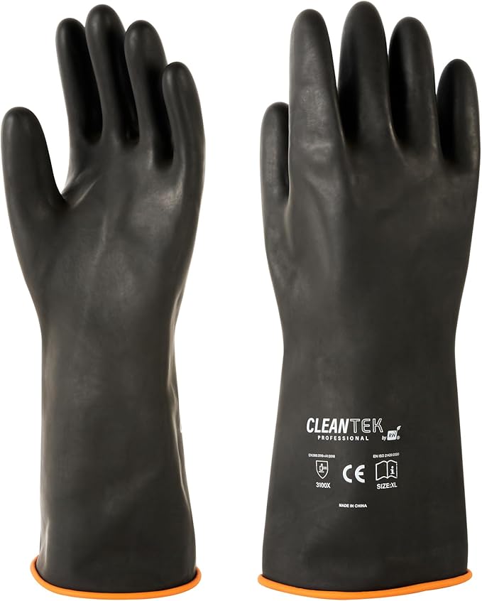 Restaurantware Chemical Resistant Gloves 10 Count 13.78 x 5.906 Inches Rubber Heavy Duty Work Gloves Industrial Slip-Resistant Extra Large Black