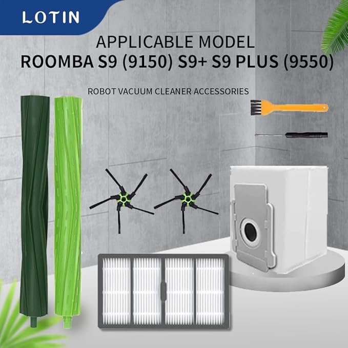 LOTIN Replacement Parts Kit Compatible with Roomba s9(9150),s9+(9550), Series Vacuum Cleaner.Pack of 2 Set of Multi-Surface Rubber Brushes,8 Side Brushes,8 Filters,10 Dust Bags,2 Tools