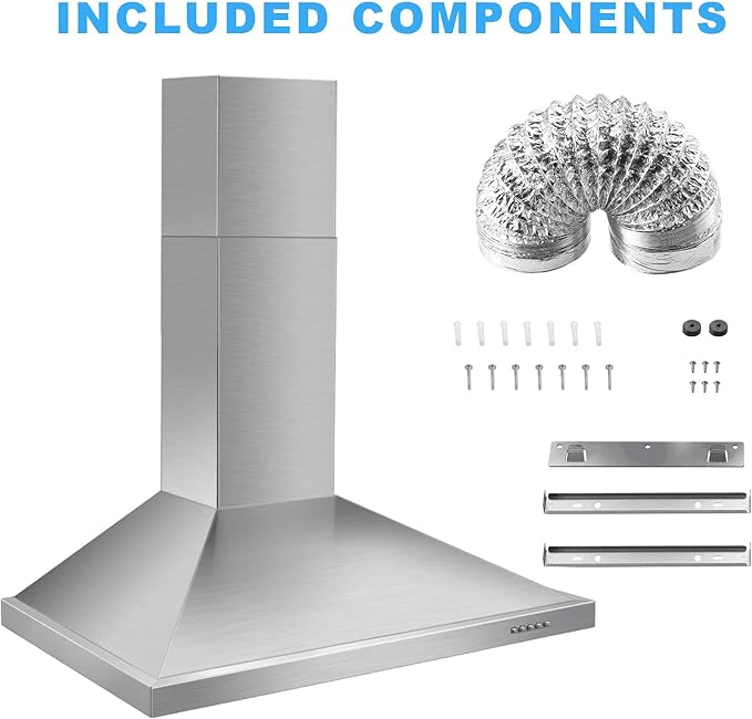 Tieasy Wall Mount Range Hood 30 inch with Ducted/Ductless Convertible Duct, Stainless Steel Chimney-Style Over Stove Vent Hood with LED Light, 3 Speed Exhaust Fan, 450 CFM
