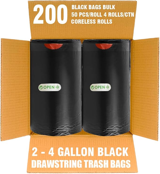 BEIDOU-PAC 2-4 Gallon Trash Bags Drawstring, 200 Count Bulk Value Pack, Black & Unscented Small Multi-purpose Garbage Bags for Business Home Bathroom Kitchen Commercial and Industrial