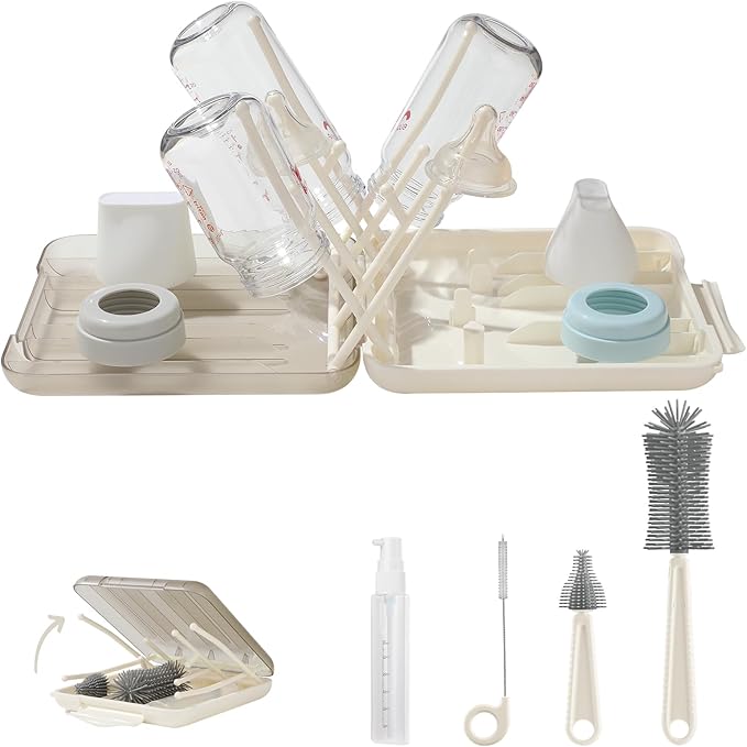 6 in 1 Cleaning Brush Set with Silicone Bottle, Nipple, Straw, Soap Dispenser, Drying Rack for Baby and Water Bottles, Space Saving Essentials for Home and Travel