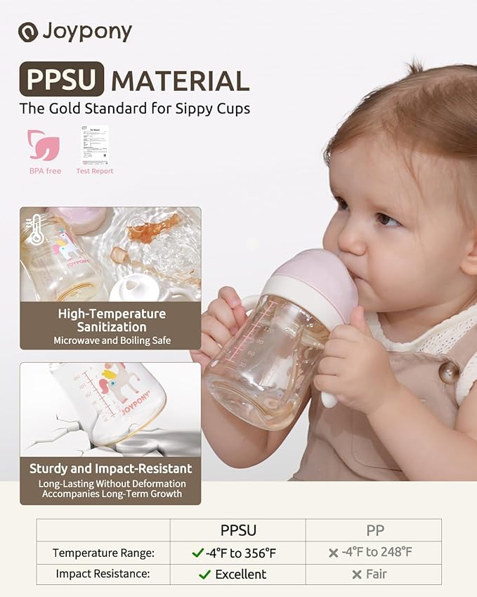 Joypony Baby Sippy Cups 6-12 Months, Spill Proof Weighted Straw Cup with Handle for Toddlers 1-3, 2 Pack, Total 4 Silicone Straws, PPSU, BPA Free, 6 oz (Pink)