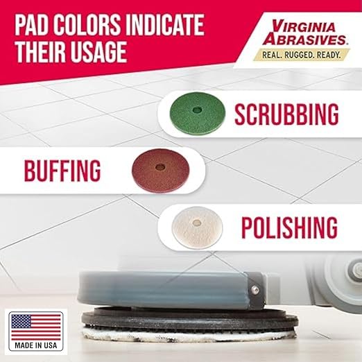 Virginia Abrasives 17" Heavy-Duty Stripping Pads – Thick Non-Woven Floor Pads for Floor Maintenance, Cleaning, Polishing & Synthetic Floor Care with One Each: Green, Red & White Pad (3-Pack)