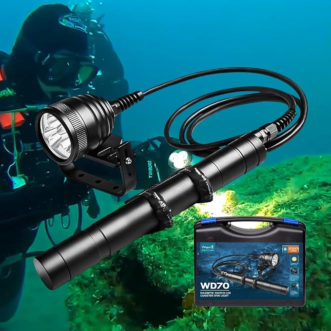 WD70 Canister Dive Light - 3000 Lumens Ultra-Bright Technical Diving Flashlight Kit with Adjustable Goodman Handle, 5 Light Modes for Underwater Cave, Wreck, and Deep Sea Diving