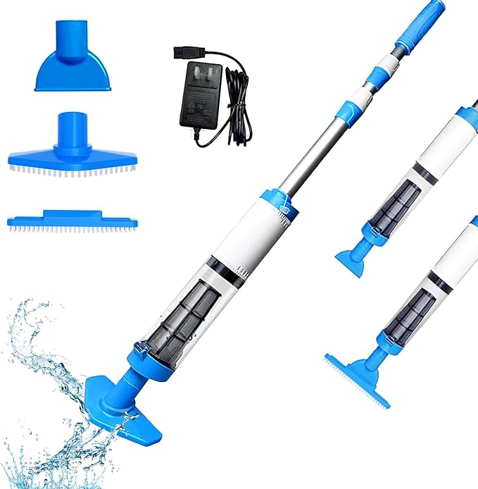 3 in 1 Cordless Rechargeable Swimming Pool Vacuum Head, Telescopic Pole Handheld Pool Cleaner for Spas, Inground Pool, Above Ground Pool and Hot Tubs, Cleaning Sand and Debris
