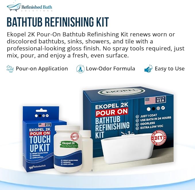 Ekopel 2K Bathtub Refinishing Kit - Pour On Bathtub Paint White Gloss Finish Kit, 1 Coat Odorless Sink and Bath Tub Paint – Long Lasting Never Peel DIY Glaze for Tub, Made in USA – Bright Gloss White