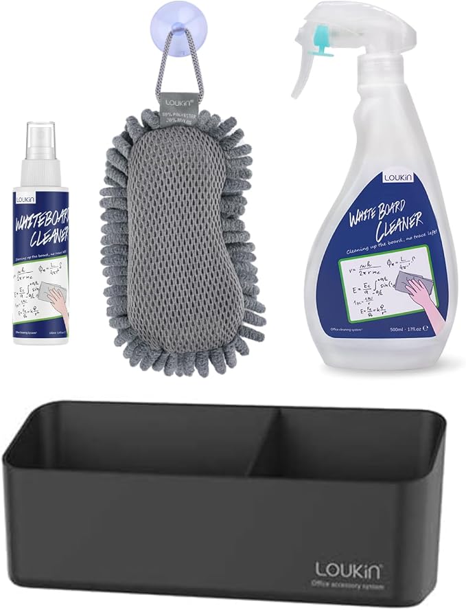 LOUKIN | Shag Dry Erase Eraser & Whiteboard Cleaner (3.4 fl oz) & Magnetic and Adhesive Marker Holder (Black) & Non-Toxic Whiteboard Cleaner (17 fl oz)