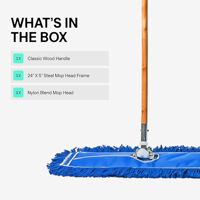 24 Inch Blue Commercial Dust Mop & Floor Sweeper – Wood Handle Floor Mop for Tile, Hardwood & Concrete