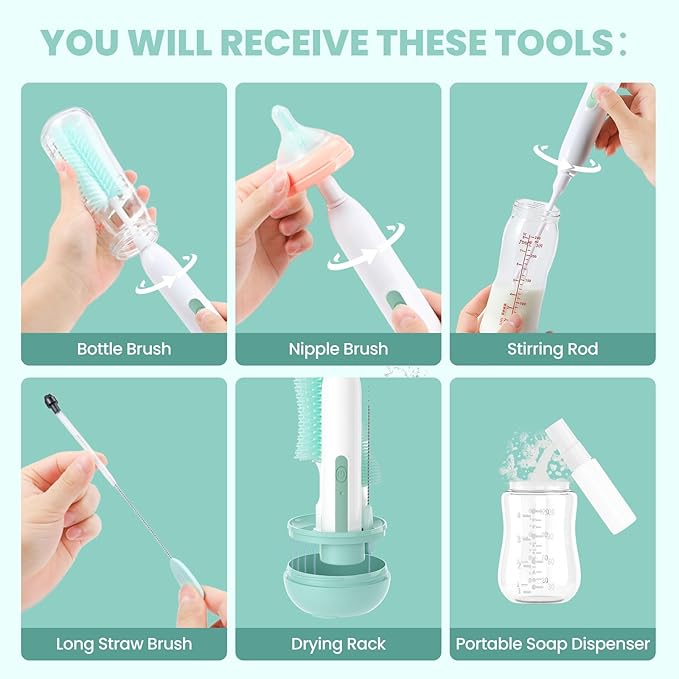 Electric Bottle Brush Cleaner,Rechargeable Baby Bottle Cleaning kit with Formula Mixer, Silicone Nipple&Straw Brush, Soap Dispenser, Drying Rack-IPX7 Waterproof,Long Battery Life for Home & Travel