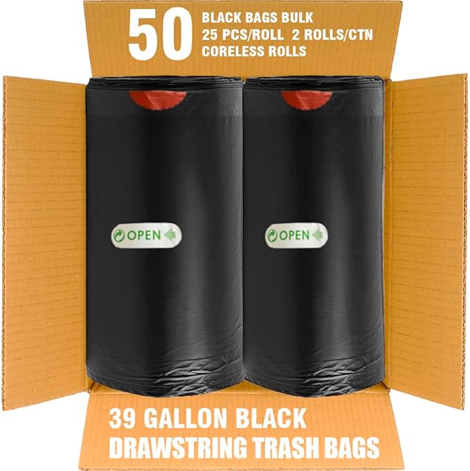 BEIDOU-PAC 39 Gallon Lawn & Leaf Trash Bags Drawstring, 50 Count, Heavy Duty Black & Unscented Plastic Bags, Multi-purpose Garbage Bags for Home Commercial, Outdoor, Construction, Industrial