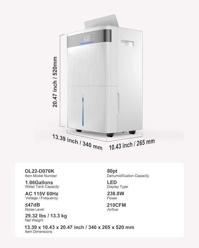 VEVOR 80 Pints Dehumidifier for Home & Basement, 4500 Sq.Ft Large Coverage, Drain Hose for Commercial & Industrial Use, Smart Humidity Control, Low Noise for Warehouses, Bathroom, Bedrooms & Storage