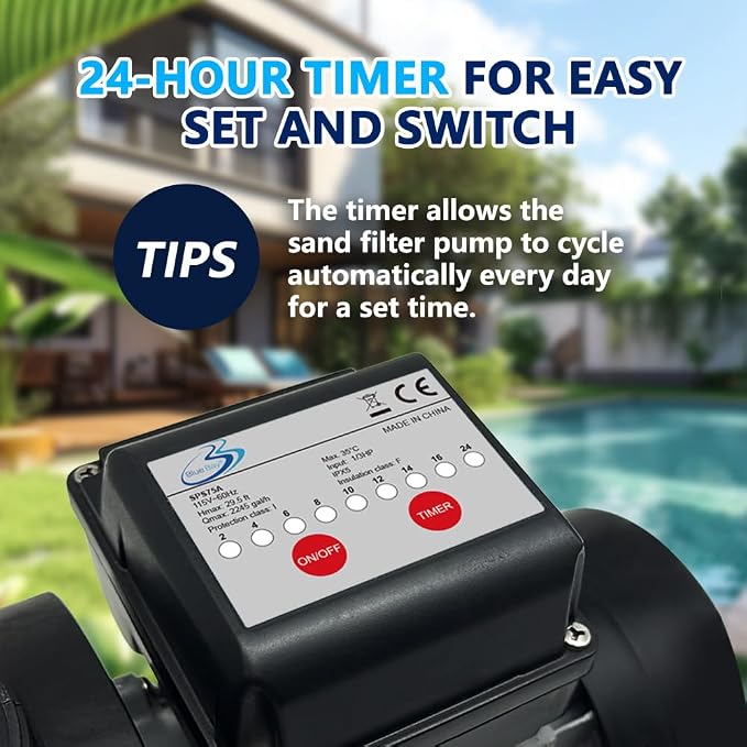 BlueBay 13in Sand Filter Pump with Timer, 7-Way Valve and Strainer Basket for Above Ground Pools up to 8000 Gallons – Easy Installation, Gray