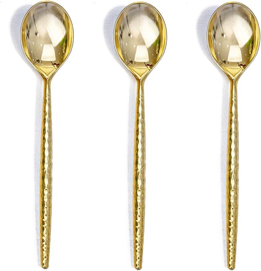 U-QE 60 PCS Gold Plastic Spoons - 7.7 Inch Hammered Heavy Duty Plastic Spoons - Elegant Gold Plastic Silverware - Perfect for Parties & Weddings and Other Daily Events