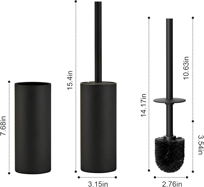 304 Stainless Steel Toilet Bowl Brush and Holder Set, Circular Floor Toilet Brush Holder, Long Handle, Bathroom Heavy-Duty Cleaner, High-End Cylinder Wall, 2 Brush Head (Black) YIGUANXIN