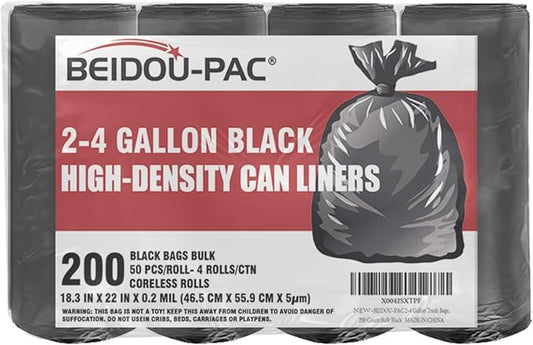 BEIDOU-PAC 2-4 Gallon Trash Bags, 200 Count Black Garbage bags, Small Trash Can Bin Liners for Bathroom, Office, Industrial, Commercial, Janitorial, Municipal, Recycling…