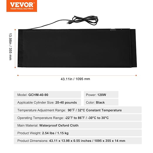 VEVOR Insulated Band Style Gas Cylinder Warmer, Fits 40Lbs Gas Tank 120W Propane Heater, Tested to UL 499 Standard, FCC Listed, Durable Waterproof Oxford Fabric, Fixed Internal Thermostat Max Temp 90℉