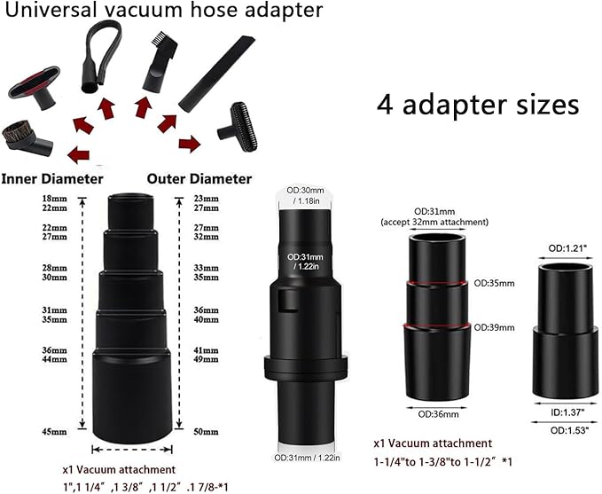 Universal Vacuum Attachments & Brushes Kit - Hardwood Floor Vacuum Brush Head Attachment & Universal Adapter Kit Compatible with Shop Vacs 1-7/8'' 1-3/8'' 1-1/4 Inch Vacuum Accessories Set
