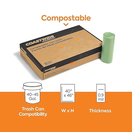 Coastwide Professional 40-45 Gallon Compostable Bag, 40" x 46", Low Density, 0.9 Mil, Green, 100 Bags/Box