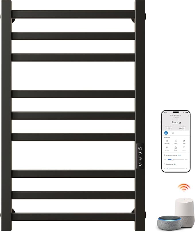 ENZE Smart Heated Towel Rack, 9-Bar Wall-Mounted Electric Towel Warmer 230W, Wi-Fi App Control & LED Touch Screen, Adjustable Temperature & 24H Timer, IPX5, Plug-in/Hardwired, Matte Black