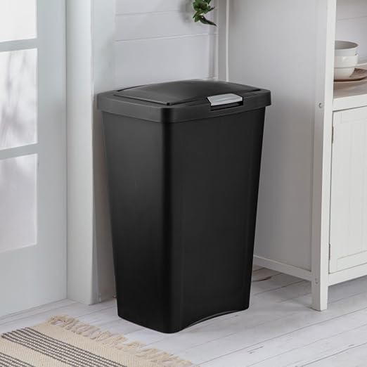 Sterilite 13 Gallon TouchTop Narrow Plastic Wastebasket with Secure Titanium Latch for Kitchen, Bathroom, and Office Use, Black (12 Pack)