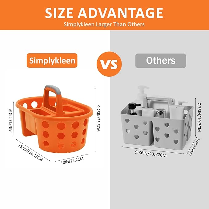 SIMPLYKLEEN Large Shower Caddy Portable 2PC - Made in USA Plastic Jumbo Size Dorm Storage Candy Tote with Handle Shower Organizer for Bathroom, Pantry, Kitchen, College Dorm, Orange