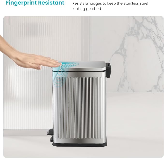 Home Zone Living 4 Gallon Kitchen Trash Can with Slim Fit Design | Stainless Steel with Soft-Close Step Pedal Lid, Bag Tuck Band for Easier Bag Changes, Rectangular Shape, Reeded Style, Silver