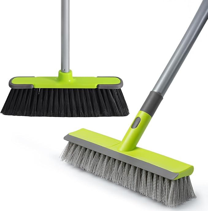 Green Indoor Broom & Floor Scrub Brush for Garage, Patio, Kitchen, Deck, Concrete Floor Cleaning