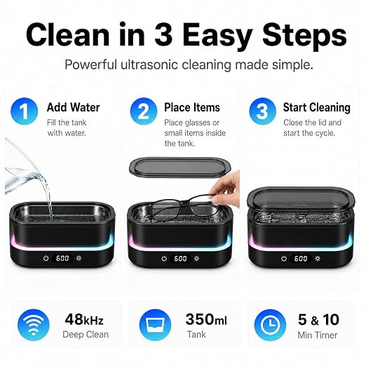 Ultrasonic Cleaner for Jewelry, Glasses & Retainers, 48kHz Sonic Cleaning Machine with LED Ambient Light, Digital Timer, Quiet Deep Cleaner for Rings, Dentures & Watches（Black）