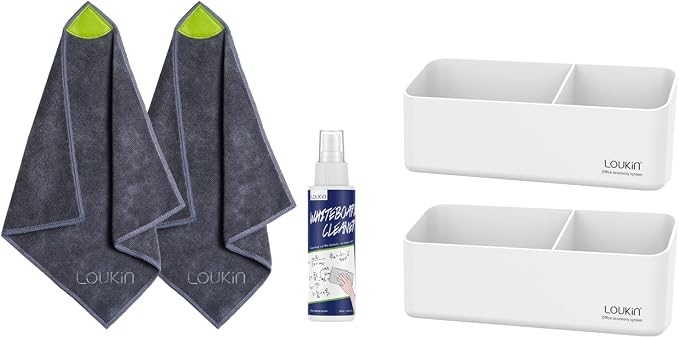 loukin | Magnetic and Adhesive Marker Holder (White) 2 Pack & Magnetic Cleaning Cloth 2 Pack & Whiteboard Cleaner (3.4 fl oz) 1 Pack