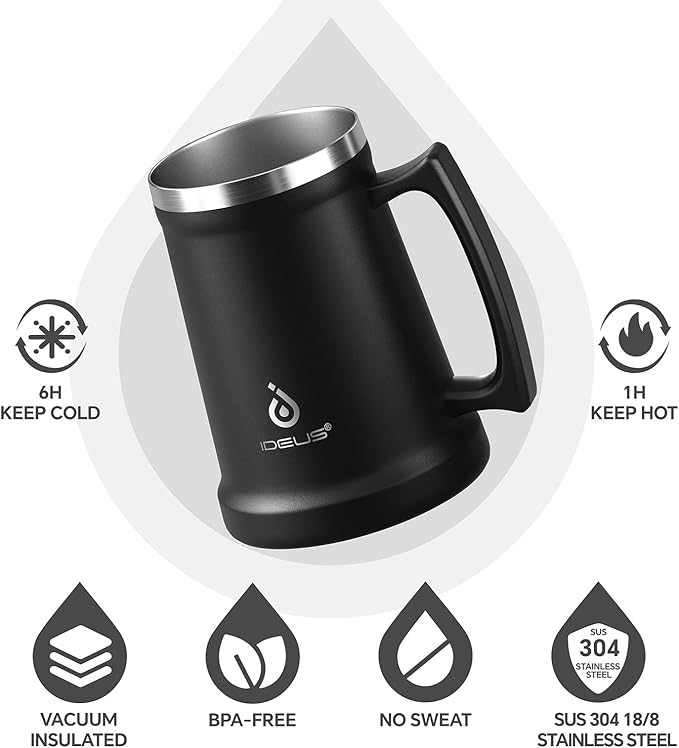 Ideus Insulated Beer Stein, 24/32oz Stainless Steel Double Walled Beer Mug Giant Bar Drinkware Metal Beer Cup with Big Grip Handle (Black, 24 ounces (710ml))