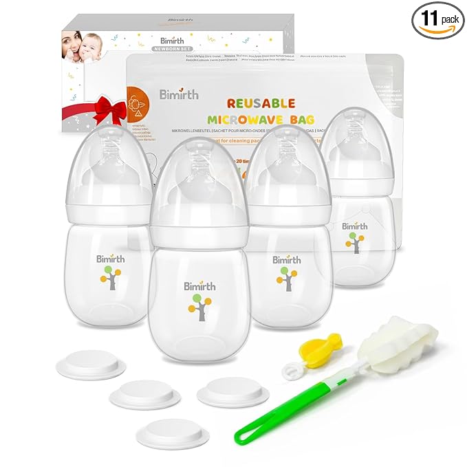 Baby Bottle Set for Newborns, Bimirth Feeding & Breast Milk Storage Bottles with Storage Lids, 11-Piece Wide-Neck Anti-Colic BPA-Free Starter Gift Set with Steam Bag & Cleaning Brushes (6oz/180ml)