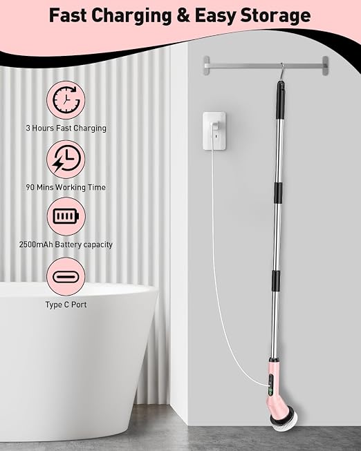 Electric Spin Scrubber for Cleaning Bathroom, Shower Scrubber Cordless Cleaning Brush with IPX7 Waterproof & 2 Speed, 3 Brush Heads, Bathroom Cleaning Supplies for Shower Tub Kitchen Tile Toilet Pink