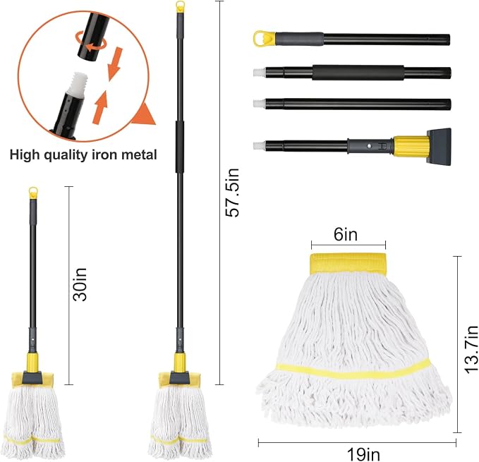 KeFanta Commercial Mop Heavy Duty Industrial Mop with Long Handle,60" Looped-End String Wet Cotton Mops for Floor Cleaning,Home,Kitchen,Office,Garage and Concrete/Tile Floor