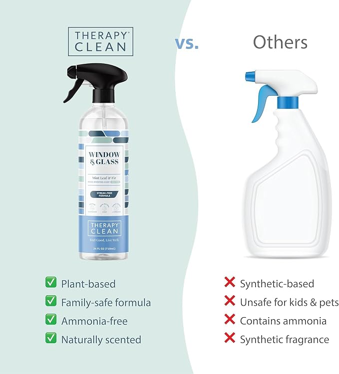Therapy Clean Window & Glass Cleaner 24 oz. – Streak-Free, Ammonia-Free Mirror, Shower & Car Window Cleaner Spray for Indoor & Outdoor Use – Natural Vinegar Formula