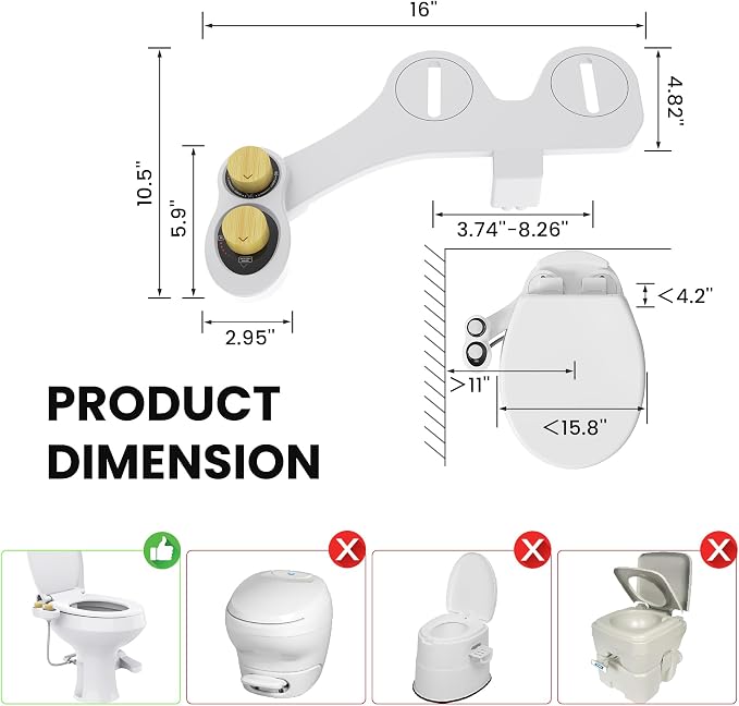RV Bidet for Camper Toilet, Non-Electric Toilet Sprayer Attachment with Dual Nozzles, Adjustable Pressure, Front/Rear/Self Cleaning, Upgrade for Trailer, Motorhome, Camper, RV Bathroom (Black Base)