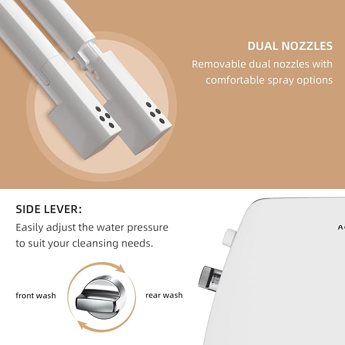 Round Bidet Toilet Seat with Soft Close and Quick Release,Non-Electric Bidet Seat with Dual Nozzles