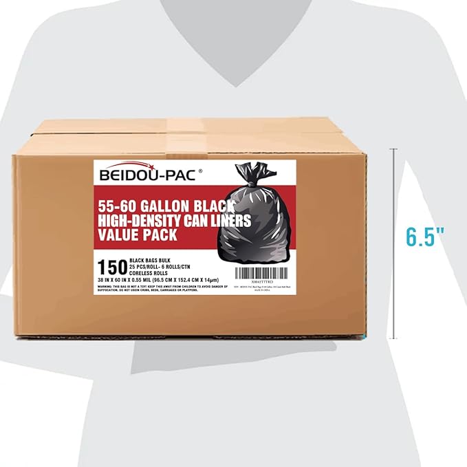 BEIDOU-PAC 55-60 Gallon Trash Bags, 150 Count Bulk, Black Heavy Duty Garbage bags, Multi-purpose Trash Can Bin Liners for Business Home Commercial, Industrial Contractors, Storage, Outdoor